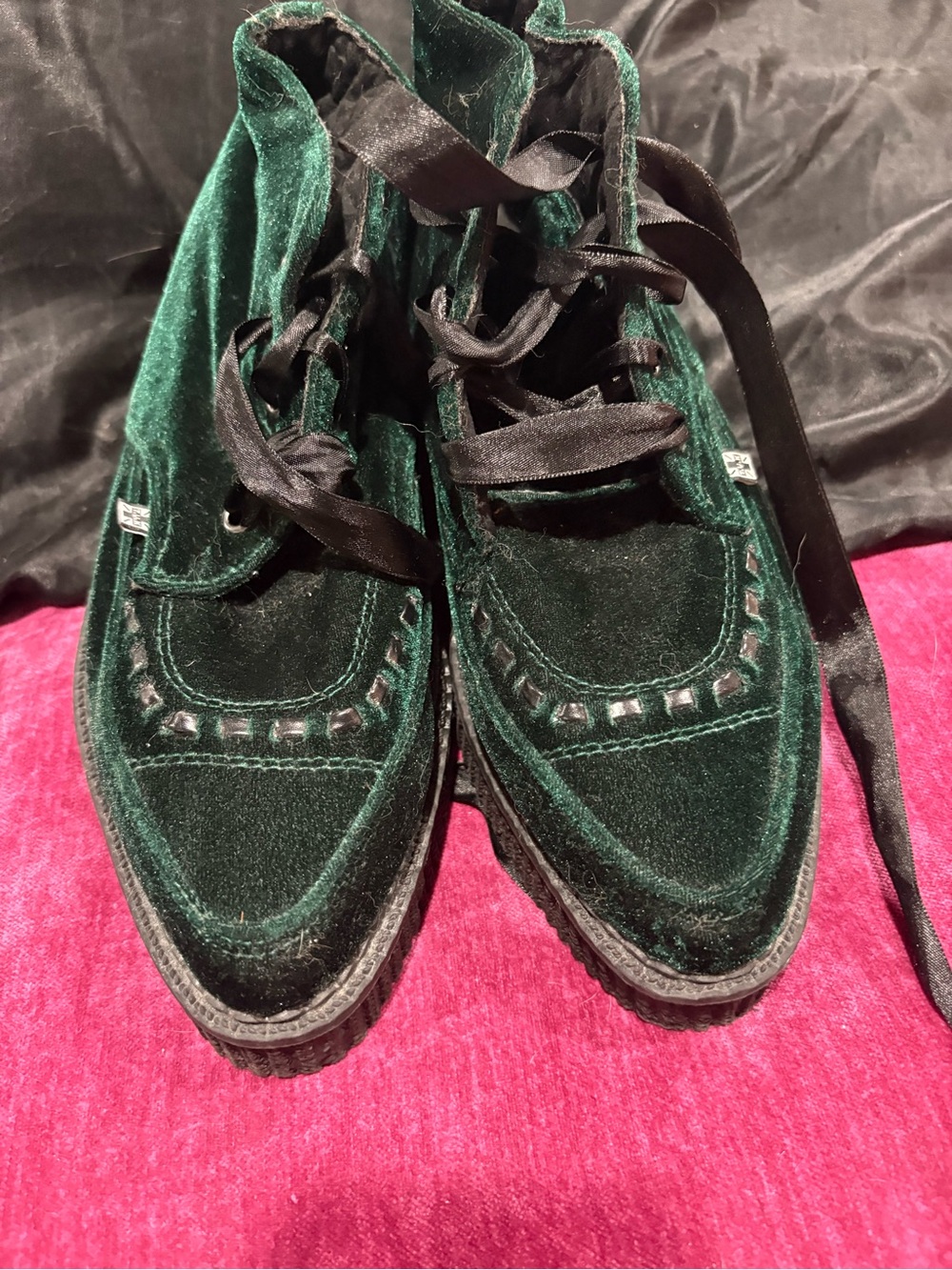 T.U.K Dark Green Velvet Lace-Up Platform Boots